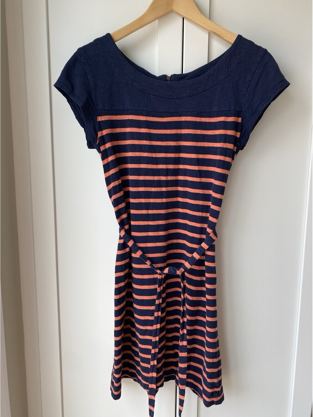 Merona Small navy blue orange Stripe Dress Back Zip Belt